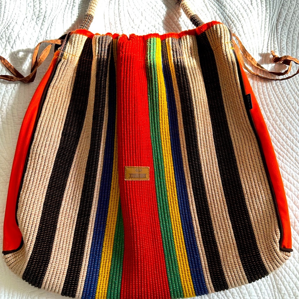 Striped cotton tote bag with drawstring